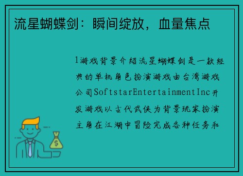 流星蝴蝶剑：瞬间绽放，血量焦点
