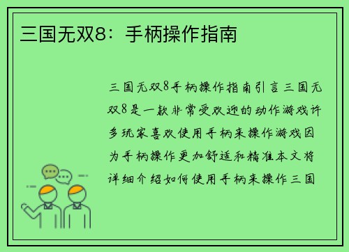 三国无双8：手柄操作指南